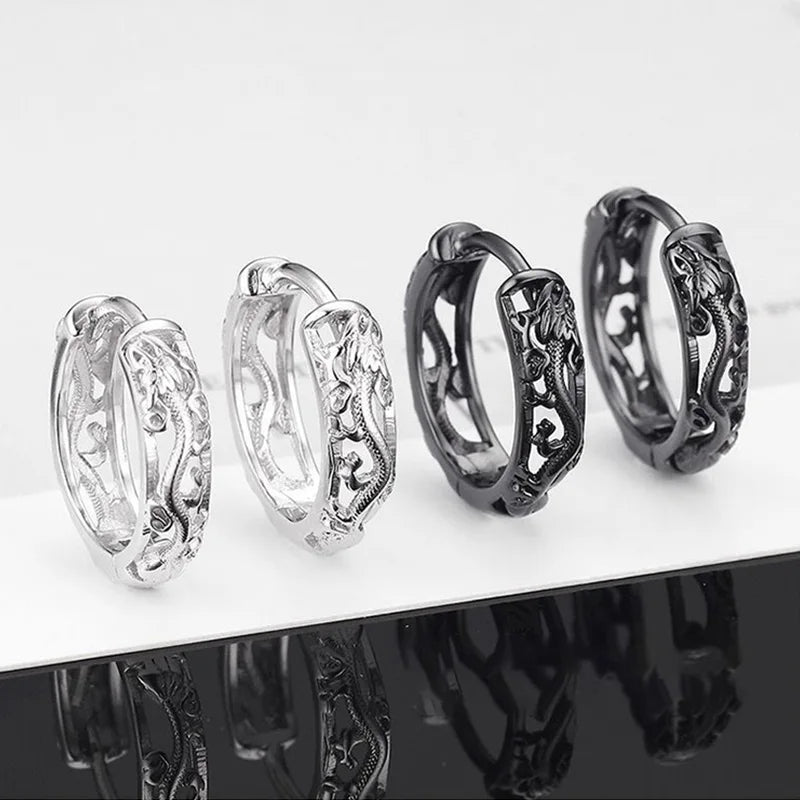 1 Pair Punk Hollow Dragon Carved Ear Buckle Earrings for Men/Women Black Color Hip Hop Street Popular Fashion Cool Ear Jewelry