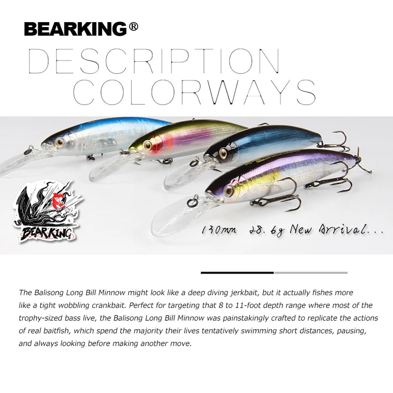 Bearking 130mm 28.6g professional quality fishing lures hard bait dive 2.5-3m quality wobblers minnow Artificial Bait Tackle