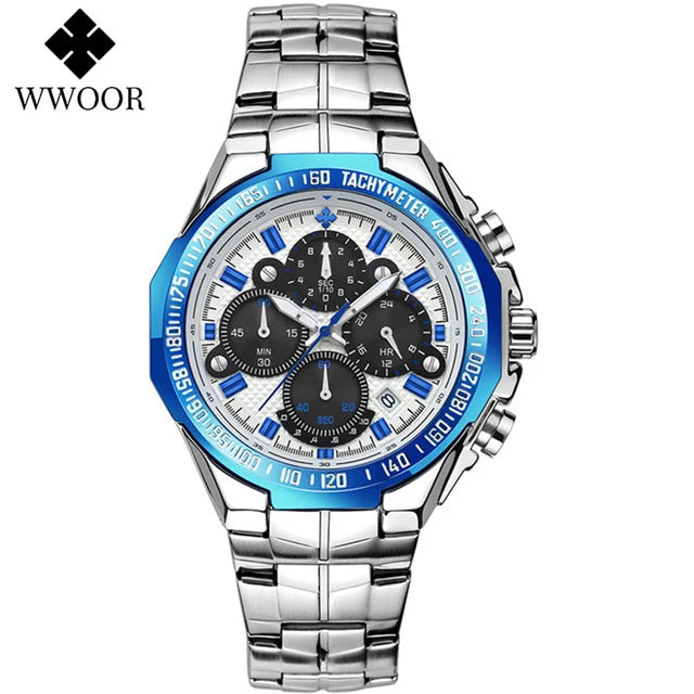Sports Watches For Men Fashion Quartz Men Big Clock WWOOR Top Brand Luxury Military Full Steel Waterproof Chronograph Wristwatch
