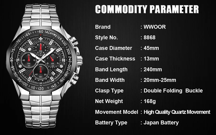 Sports Watches For Men Fashion Quartz Men Big Clock WWOOR Top Brand Luxury Military Full Steel Waterproof Chronograph Wristwatch
