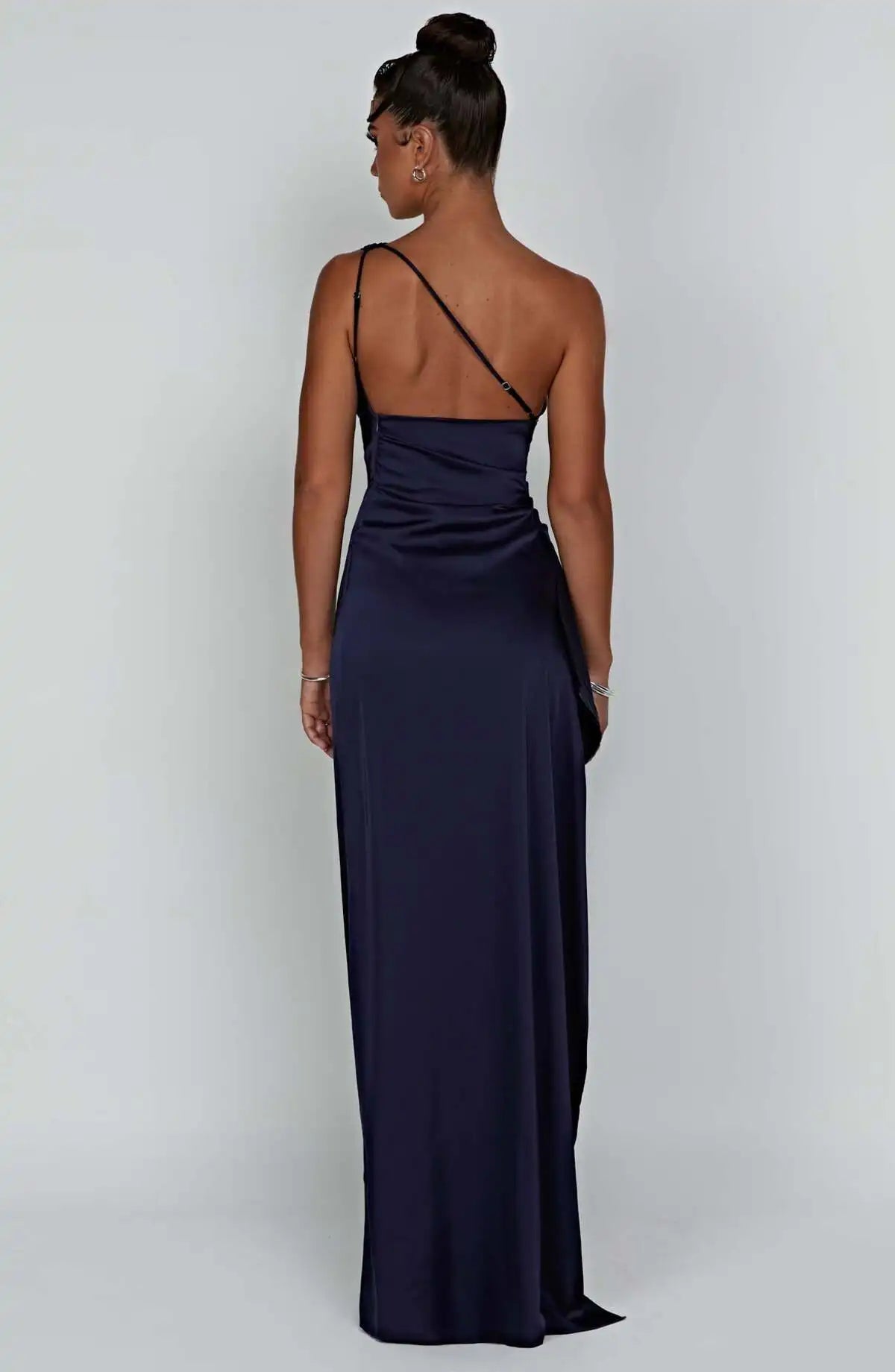 New women's one shoulder sloping collar backless slit satin pleated elegant cocktail party evening prom dress