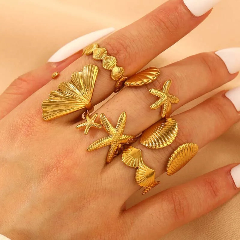 Stainless Steel Shell Finger Rings for Women Men Fashion Gold Color Starfish Opening Adjustable Rings Party Jewelry Accessories