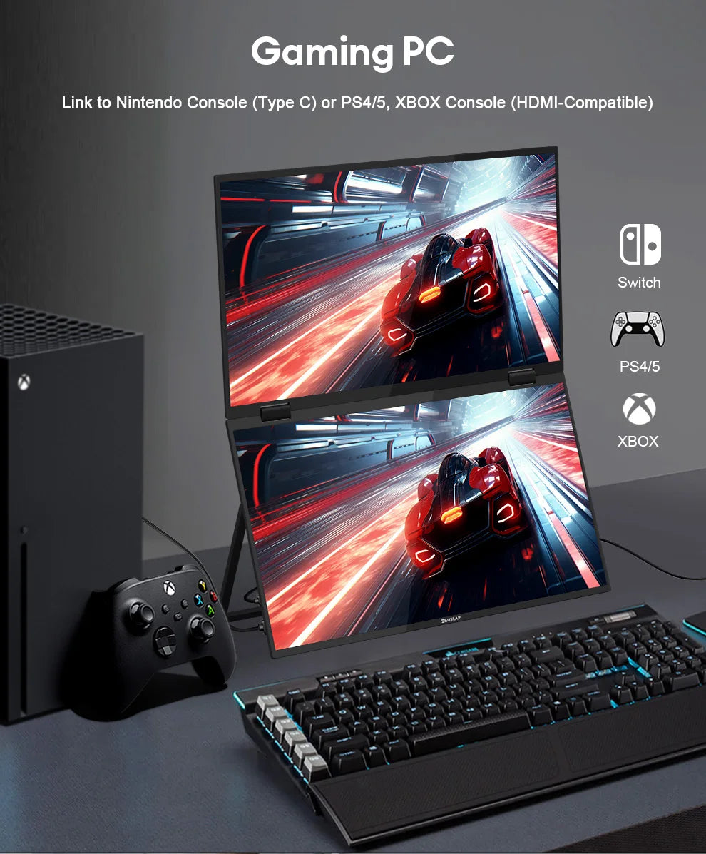 ZEUSLAP 15.6" Stacked Foldable Dual Monitor FHD 100% sRGB Laptop Screen Extender Portable Monitor for Windows Mac OS
