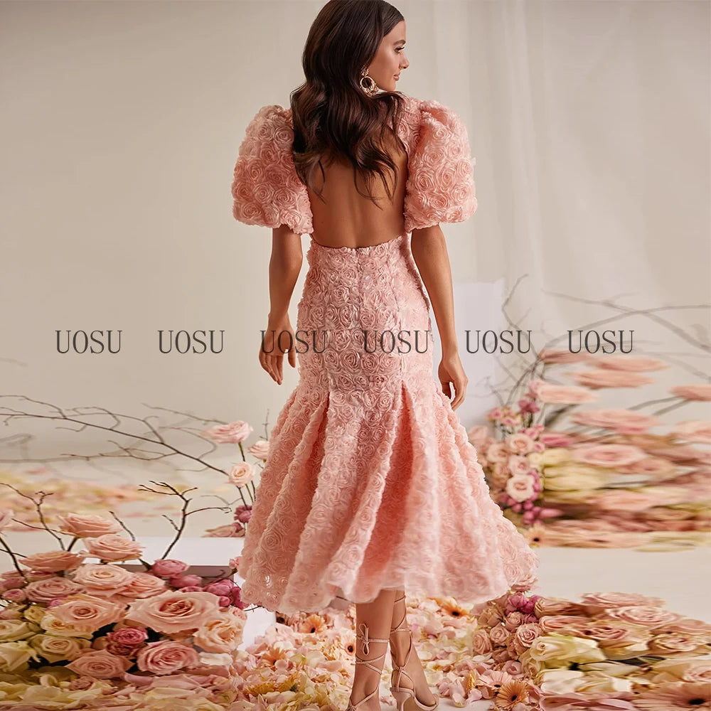 Pink Prom Dresses 2025 3D Rose Flowers Luxury Mermaid Cocktail Gown Midi Half Puff Sleeves V Neck Tea Length Sweetie Party Dress