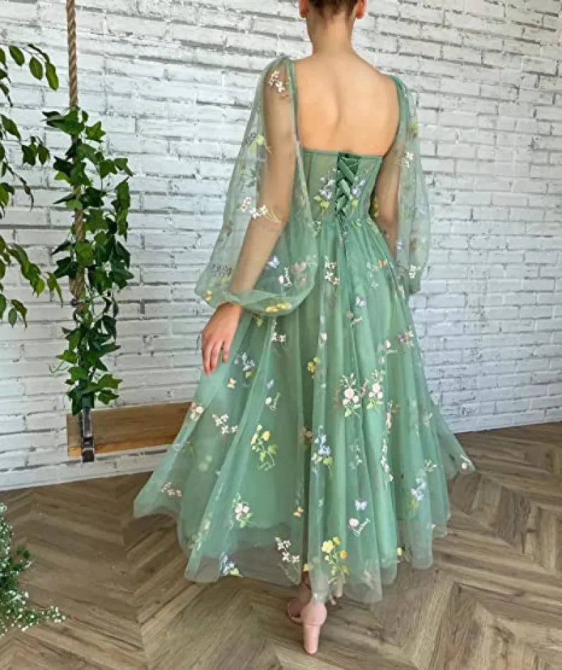 BABYONLINE Prom Dresses Jungle Fairy Ball Party Puffy Sleeve Lace Embroidery Tulle Formal Evening Gown Elegant Tea Lengt Robe