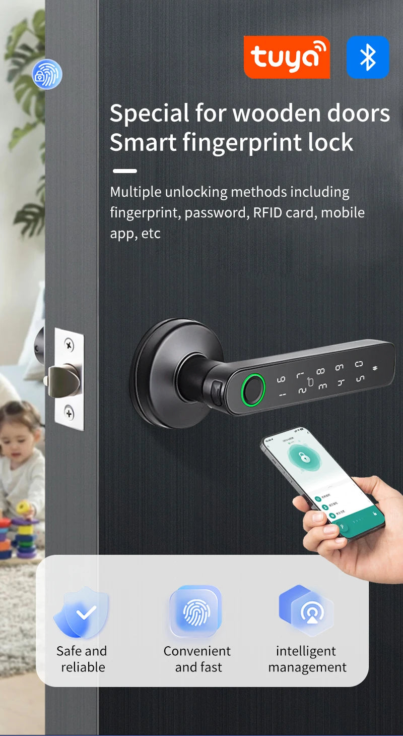 Tuya SmartLife APP BLE Smart Fingerprint Lock Password RFID IC Card Lock Handle Dead Bolt Home Wooden Metal Door Handle Latch