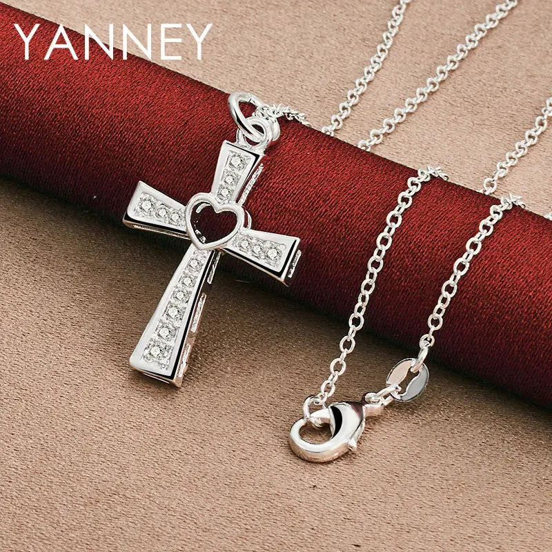 925 Sterling Silver 16-30 Inch Luxury Women's Heart Shape Hollow Cross Necklace Elegant Party Wedding Fashion Gift