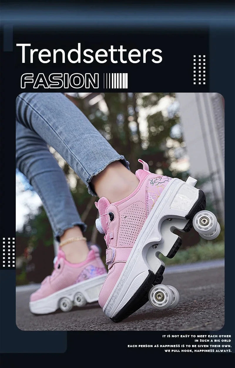Latest  Boys  Teens Street Roller Shoes Double Wheel Casual Running Shoes  Indoor And Outdoor Beginners Parkour Skate Shoes