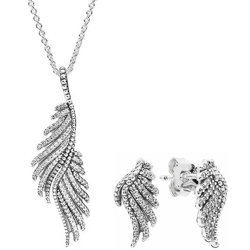 Authentic 925 Sterling Silver Majestic Feathers Earring Necklace With Crystal For Women Jewelry Set Gift