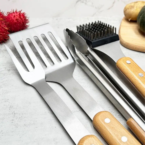4-Piece Set Stainless Steel Barbecue Tool Set Outdoors BBQ Beech Wood Handle Fork Shovel Clamp Brush Combined Grill