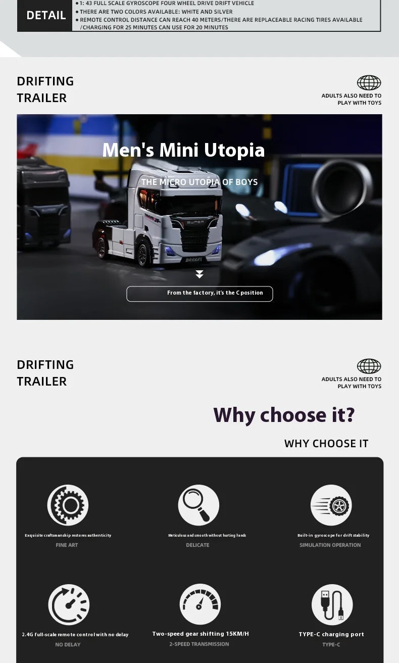 Remote Control Drifting Car Tabletop Toy Alloy Tractor Rc Truck 1/43 2.4g Rc Engineering Trailer Truck With Light And Sound Toys