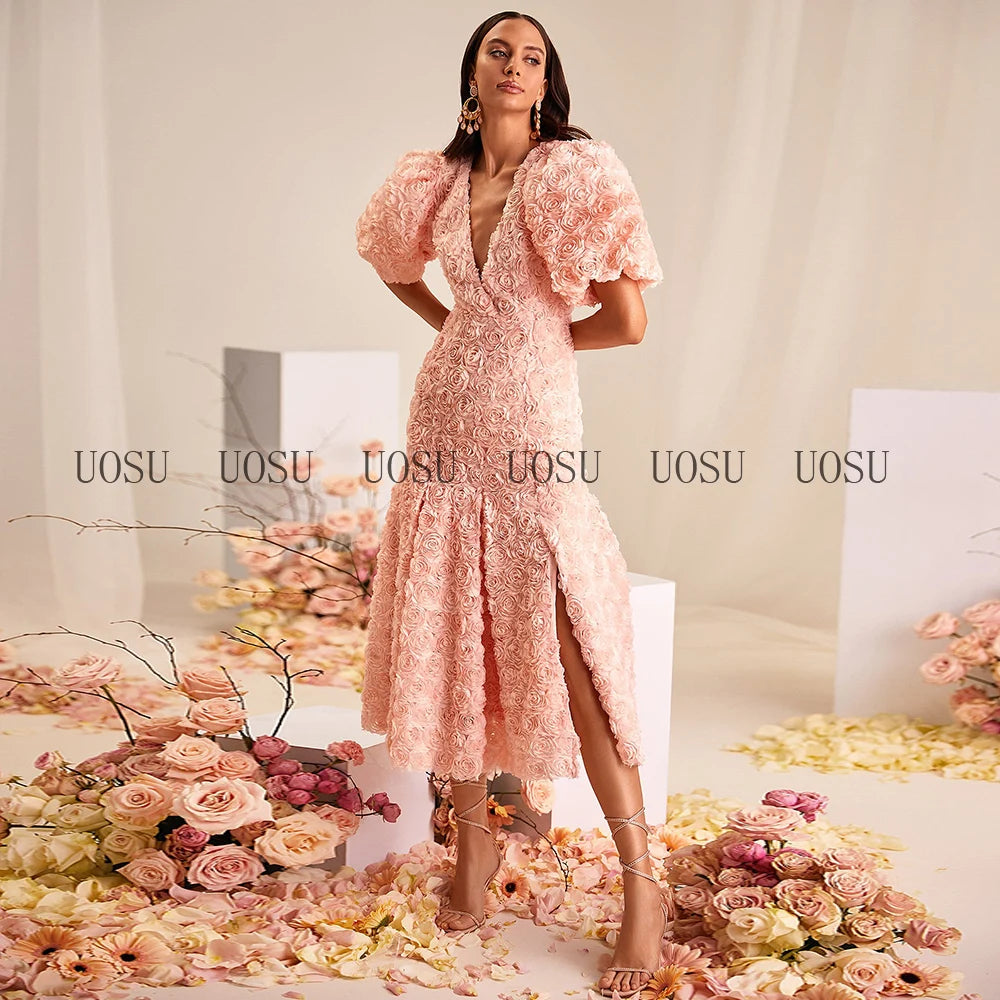 Pink Prom Dresses 2025 3D Rose Flowers Luxury Mermaid Cocktail Gown Midi Half Puff Sleeves V Neck Tea Length Sweetie Party Dress