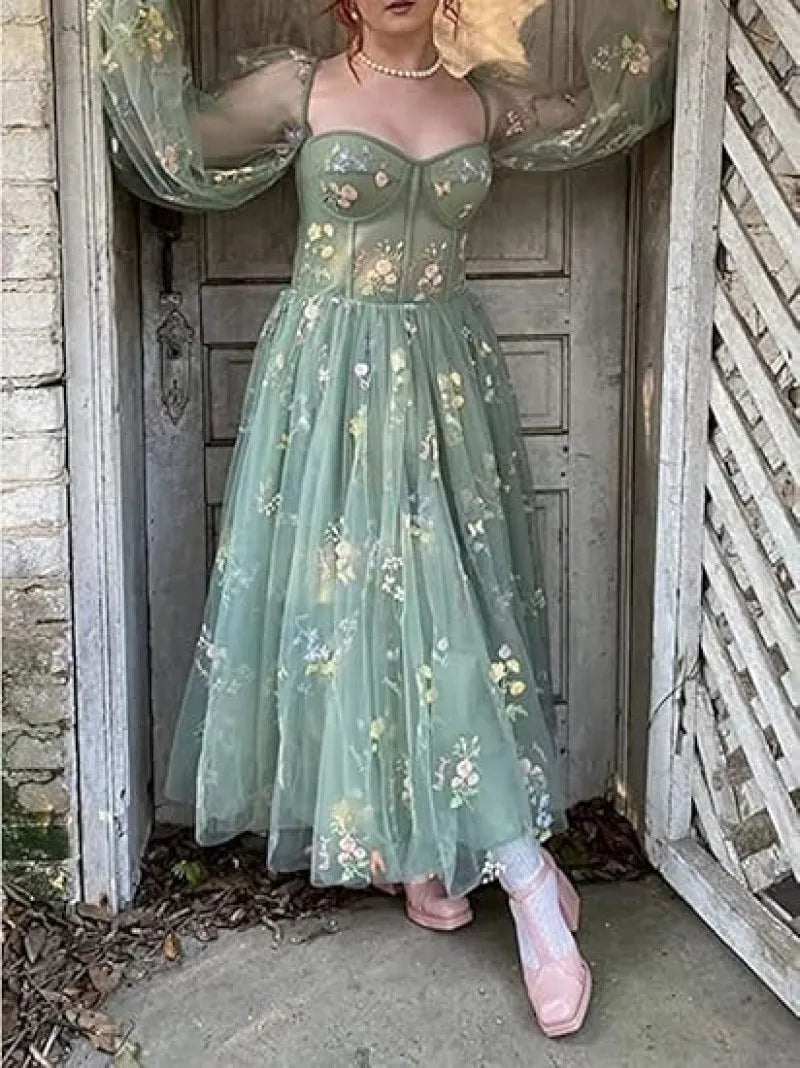 BABYONLINE Prom Dresses Jungle Fairy Ball Party Puffy Sleeve Lace Embroidery Tulle Formal Evening Gown Elegant Tea Lengt Robe