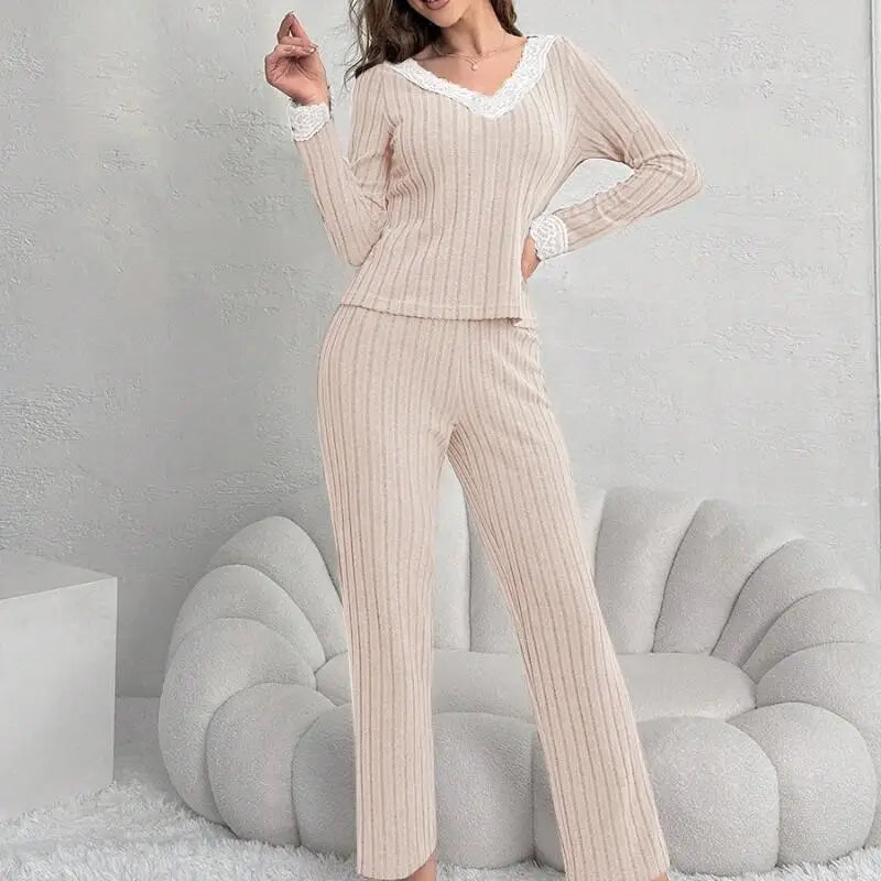 Women Autumn Winter Fashion Comfort Long Sleeve Home Clothes Two Piece Set Casual Style V Neck Lace Pit Strip Knitted Pajamaset