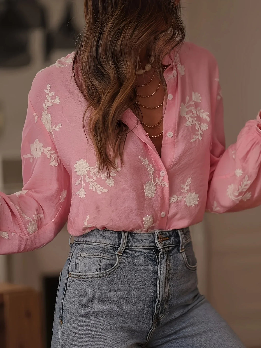 Women's Clothing 2025 Spring Autumn Fashion Casual Long-sleeved Printed Blouse with A Collar and Puff Sleeves Office Lady Shirt