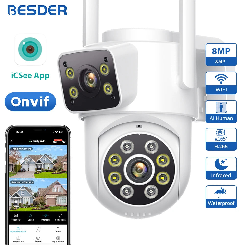 BESDER 8MP Wifi Camera PTZ Dual Screens Outdoor  Human Detection Auto Tracking 6MP CCTV Surveillance IP Camera P2P Audio iCSee