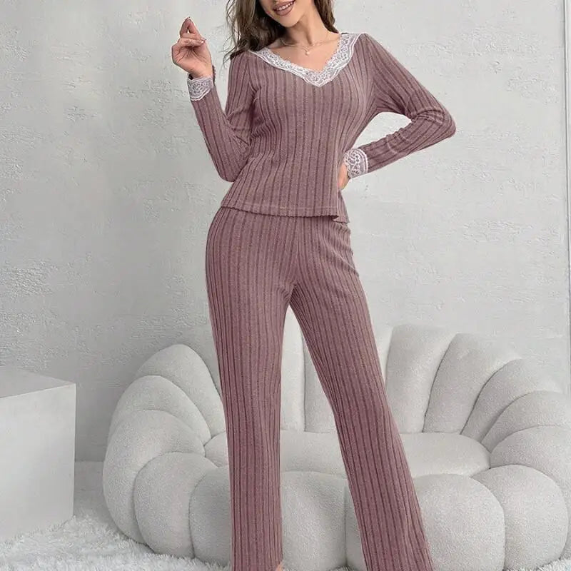Women Autumn Winter Fashion Comfort Long Sleeve Home Clothes Two Piece Set Casual Style V Neck Lace Pit Strip Knitted Pajamaset