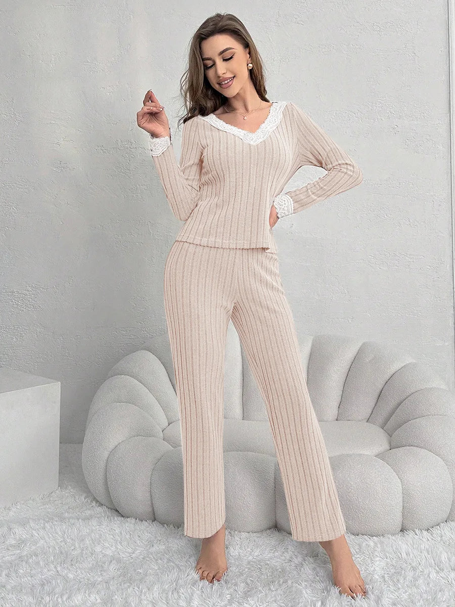 Women Autumn Winter Fashion Comfort Long Sleeve Home Clothes Two Piece Set Casual Style V Neck Lace Pit Strip Knitted Pajamaset