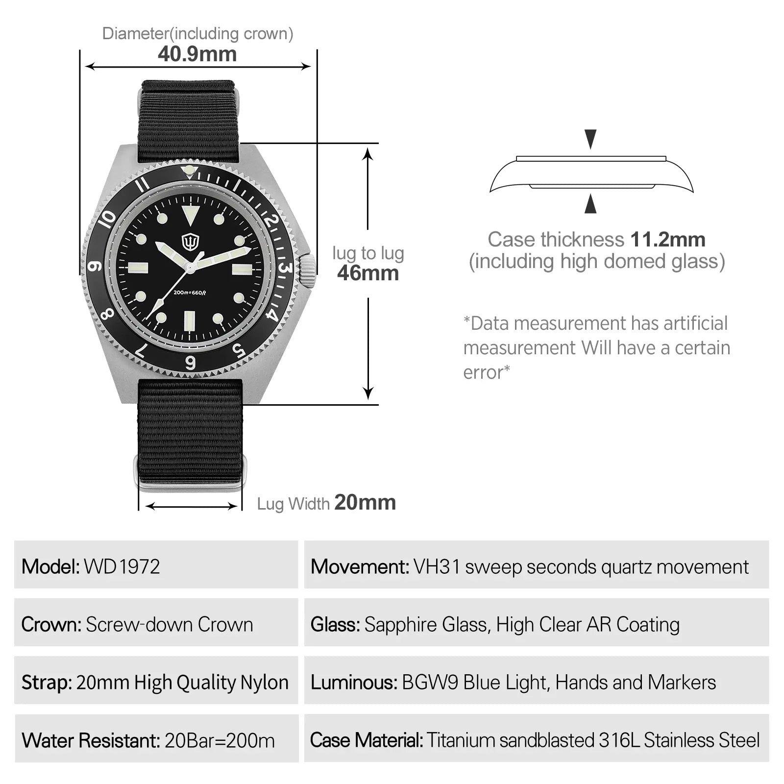 Watchdives WD1972 Quartz Watch VH31 Sweep Seconds Movement Sapphire Crystal BGW9 Luminous 20Bar Waterproof Vintage Men Watches