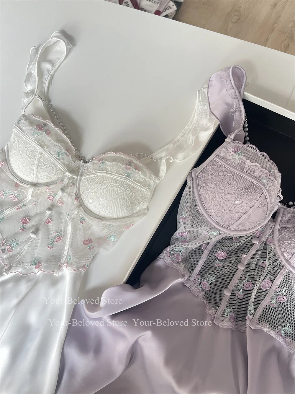 Women Home Clothes Sleeping Nightdress White Nightgown Silk Satin Lingerie Embroider Flower Chemise Lingerie Summer Robe Suit