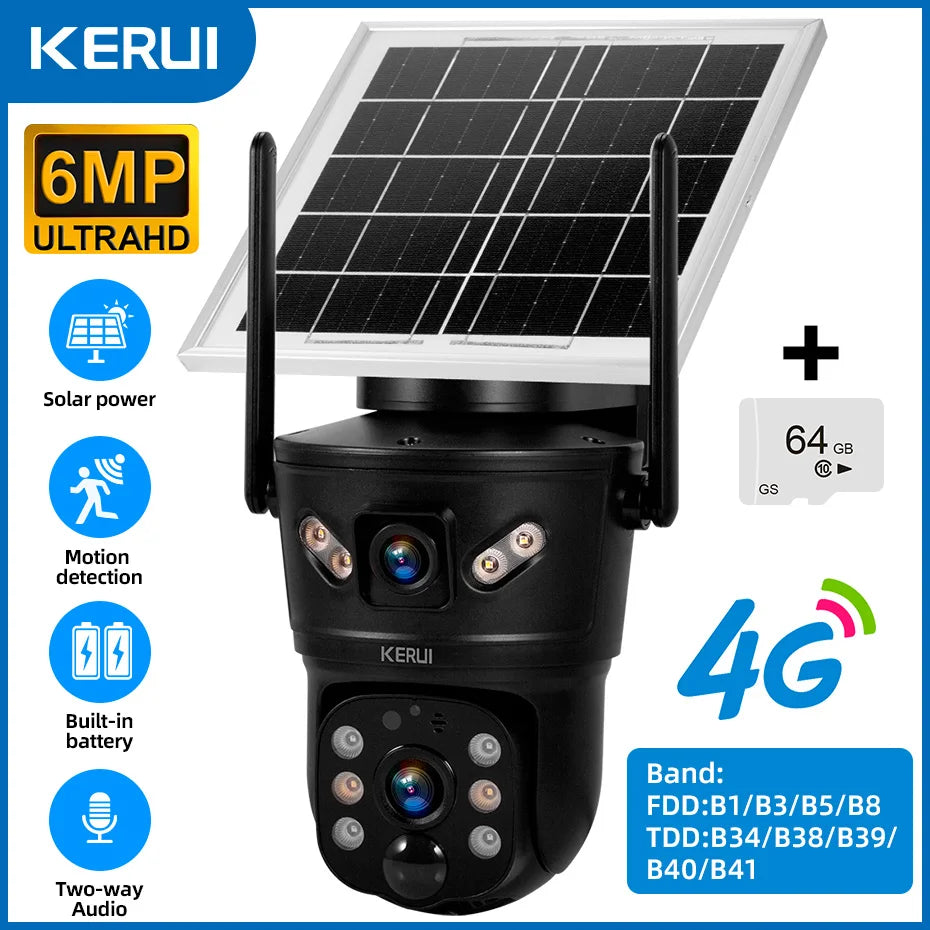 KERUI 6MP WIFI 4G Solar Camera Dual Lens IP Camera Outdoor Waterproof  Surveillance CCTV Video Home Security Solar Panel