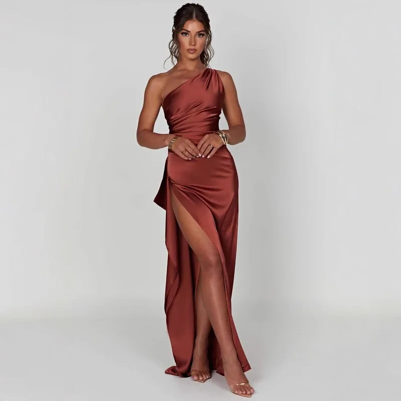New women's one shoulder sloping collar backless slit satin pleated elegant cocktail party evening prom dress