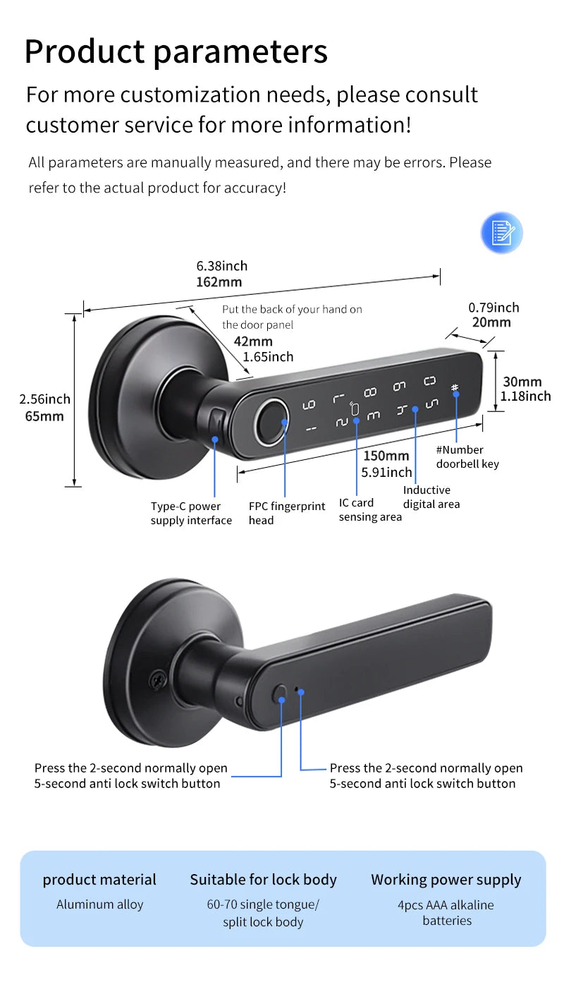 Tuya SmartLife APP BLE Smart Fingerprint Lock Password RFID IC Card Lock Handle Dead Bolt Home Wooden Metal Door Handle Latch