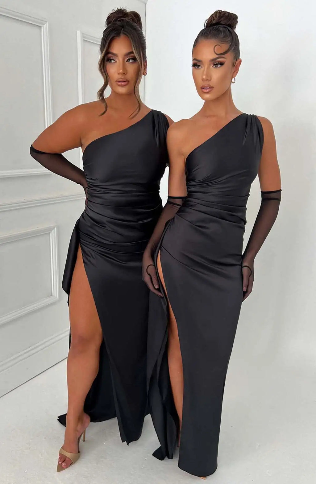 New women's one shoulder sloping collar backless slit satin pleated elegant cocktail party evening prom dress