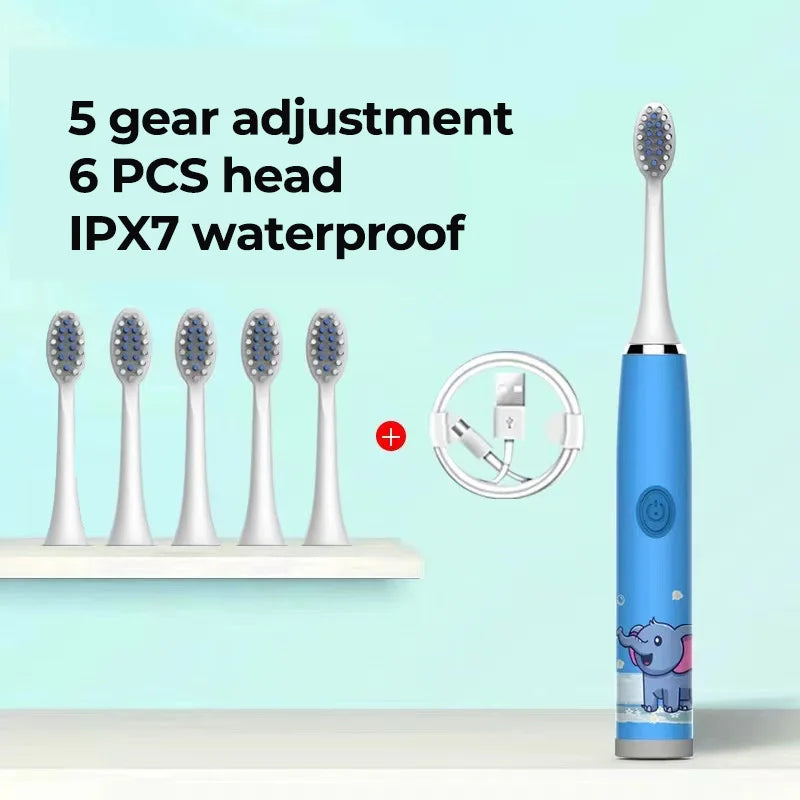 USB Sonic Child Electric Toothbrush Rechargeable Colorful Cartoon Brush Kids Automatic IPX7 Waterproof With Replacement Heads