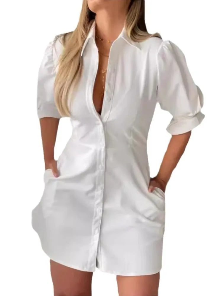 Women's Elegant White Blouses Dress Turn-down Collar Mini Dress Casual Office High Waist Slim Dresses Women Clothes Summer New