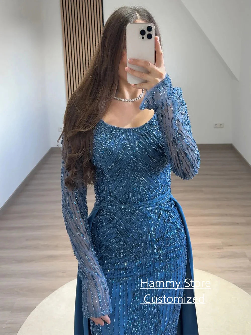 Prom Dress with Detachable Train Customized Scoop Neck Full Sleeves Beading Sparkling Lace Evening Dresses Party Gowns
