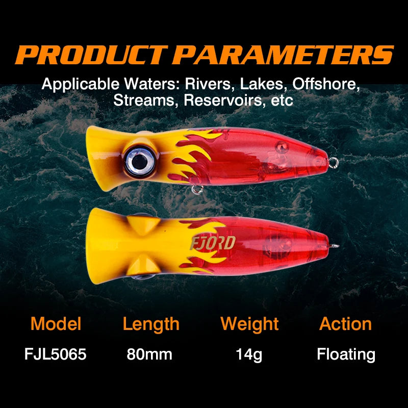FJORD 80mm 14g Popper Glow Fishing Lure Swimbait Floating Hard Baits Pike Bass Sea Saltwater Surface Walker Fishing Supplies