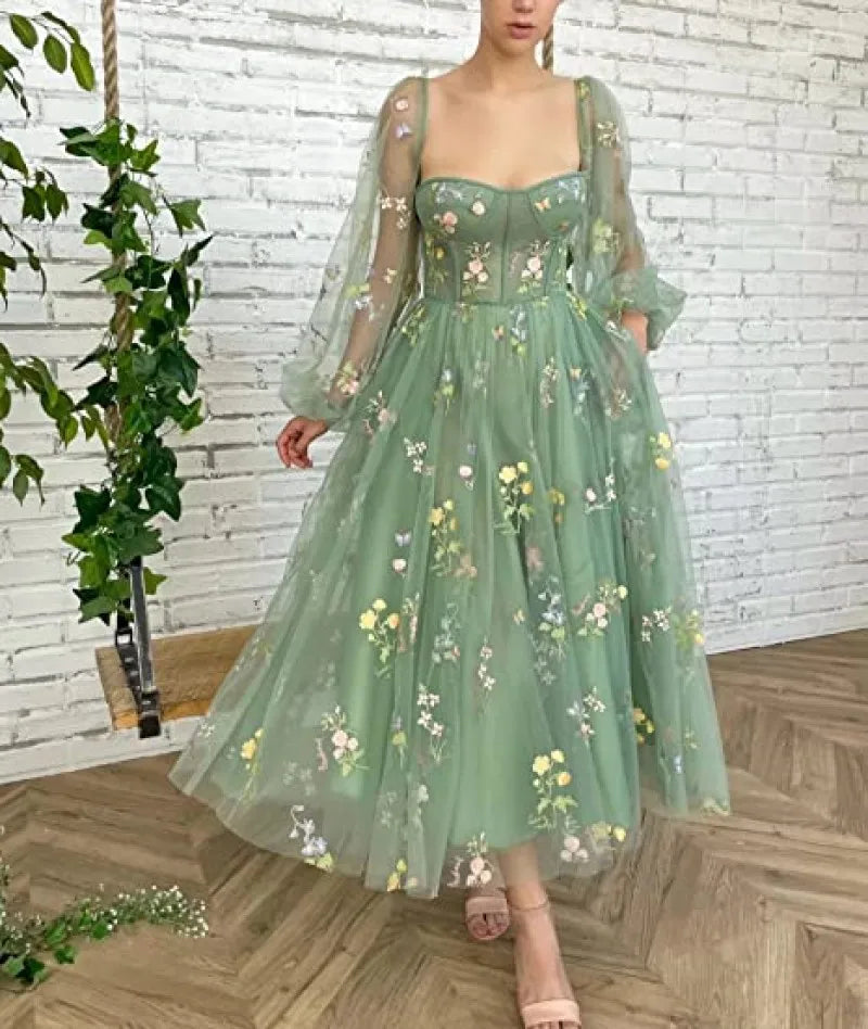 BABYONLINE Prom Dresses Jungle Fairy Ball Party Puffy Sleeve Lace Embroidery Tulle Formal Evening Gown Elegant Tea Lengt Robe