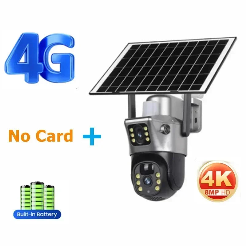 Tahlitech Solar Camera 4G Sim Card Wifi  Dual Lens WiFi 8MP 4K IP Camara Solar Panel CCTV Security Built in Battery PIR Cam V380