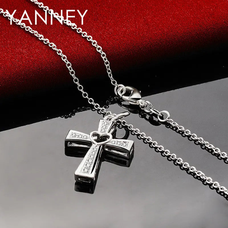 925 Sterling Silver 16-30 Inch Luxury Women's Heart Shape Hollow Cross Necklace Elegant Party Wedding Fashion Gift