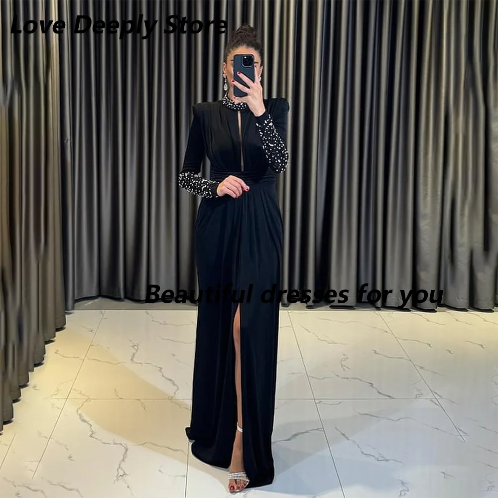 Black Prom Dress High Neck Bead Long Sleeves Luxury Evening Gowns Floor Length Slit Trumpet Formal Party Dresses Customized