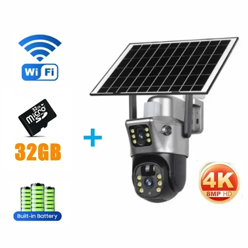Tahlitech Solar Camera 4G Sim Card Wifi  Dual Lens WiFi 8MP 4K IP Camara Solar Panel CCTV Security Built in Battery PIR Cam V380