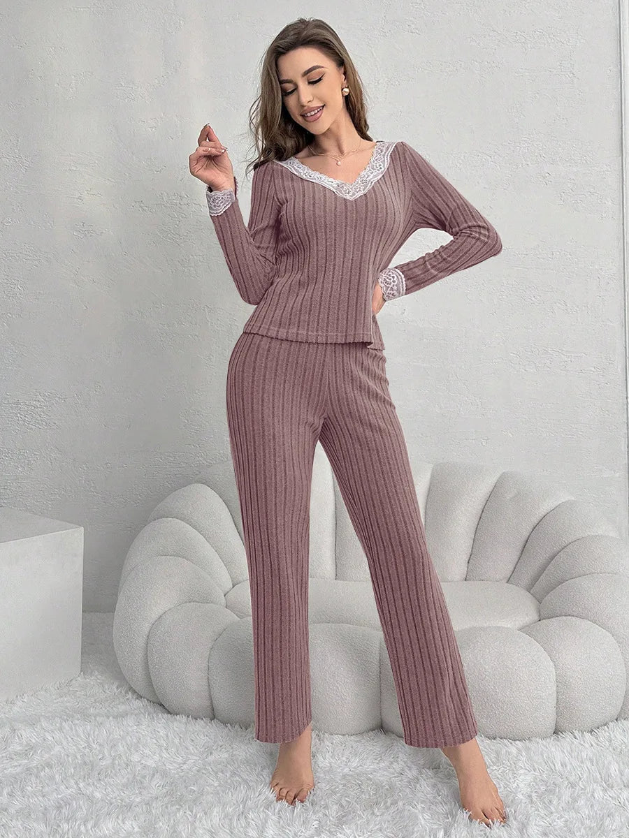 Women Autumn Winter Fashion Comfort Long Sleeve Home Clothes Two Piece Set Casual Style V Neck Lace Pit Strip Knitted Pajamaset