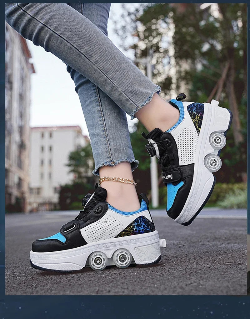 Latest  Boys  Teens Street Roller Shoes Double Wheel Casual Running Shoes  Indoor And Outdoor Beginners Parkour Skate Shoes