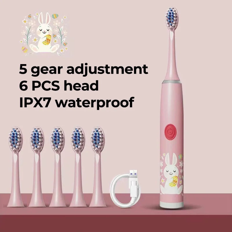 USB Sonic Child Electric Toothbrush Rechargeable Colorful Cartoon Brush Kids Automatic IPX7 Waterproof With Replacement Heads