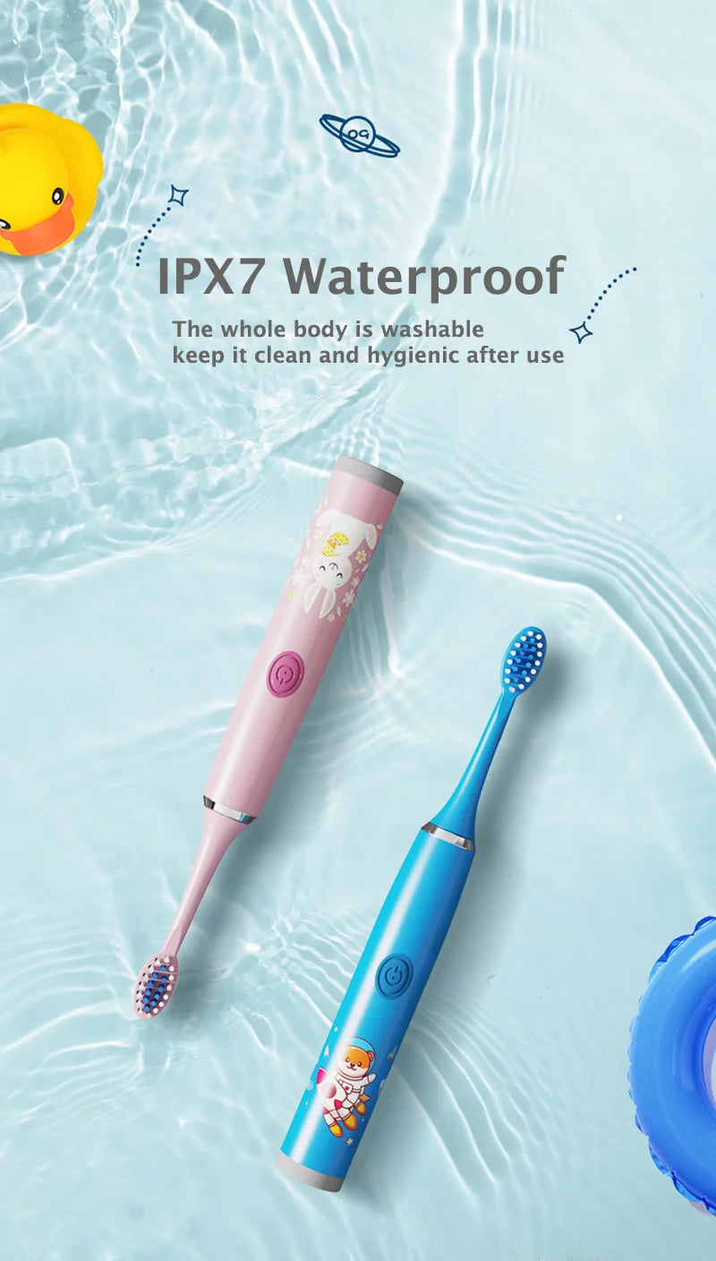 USB Sonic Child Electric Toothbrush Rechargeable Colorful Cartoon Brush Kids Automatic IPX7 Waterproof With Replacement Heads