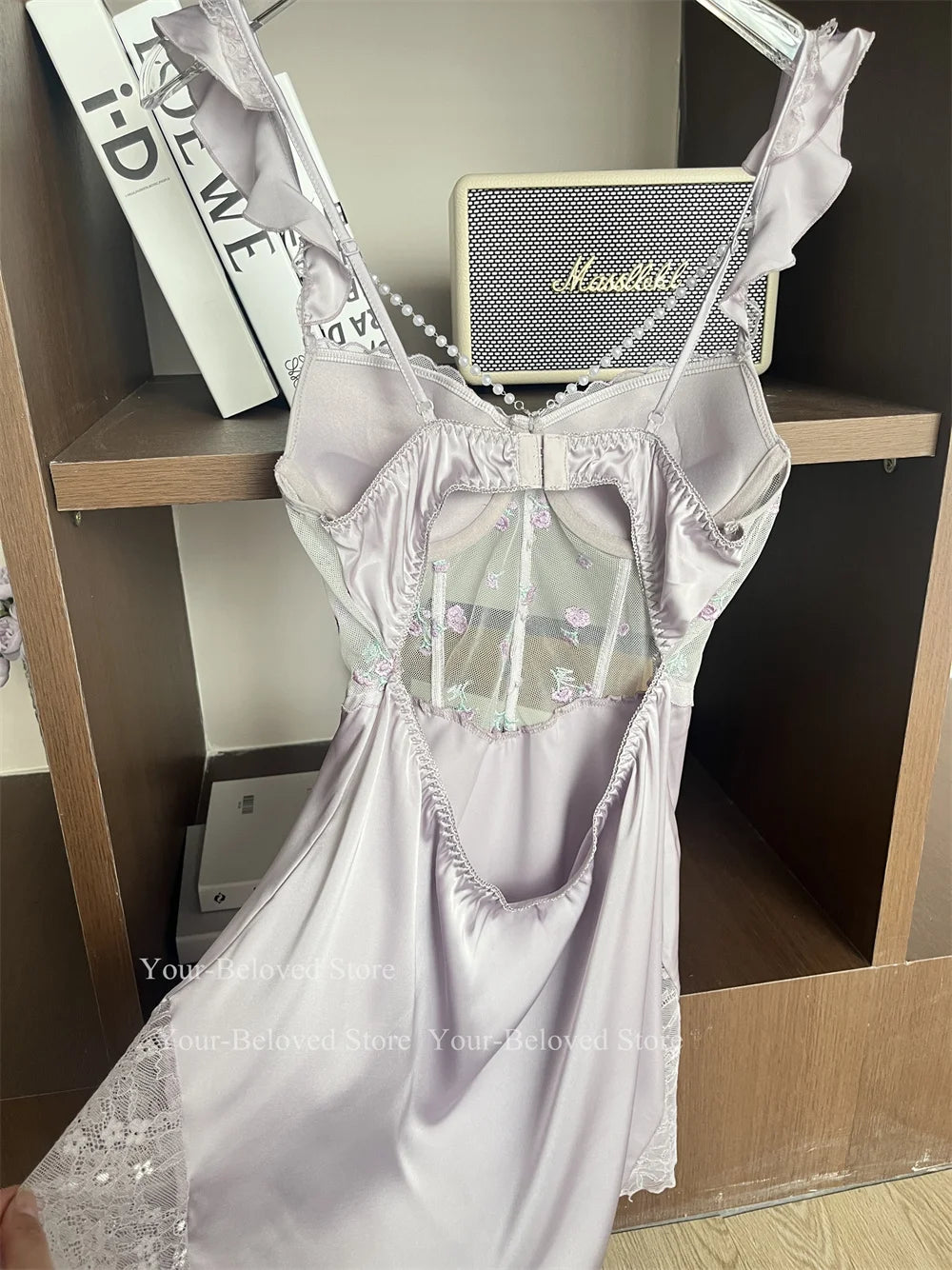 Women Home Clothes Sleeping Nightdress White Nightgown Silk Satin Lingerie Embroider Flower Chemise Lingerie Summer Robe Suit