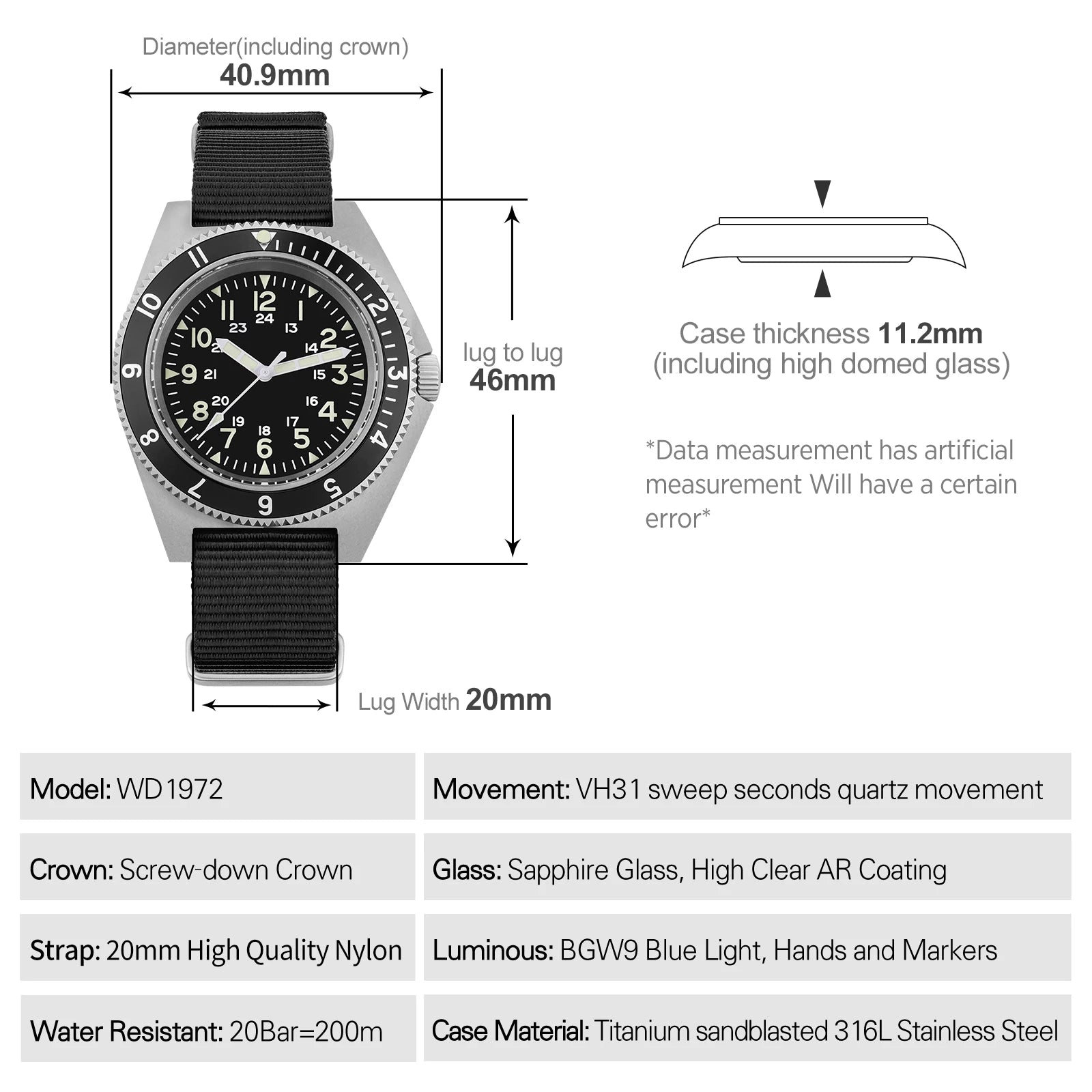 Watchdives WD1972 Quartz Watch VH31 Sweep Seconds Movement Sapphire Crystal BGW9 Luminous 20Bar Waterproof Vintage Men Watches