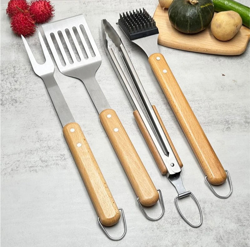 4-Piece Set Stainless Steel Barbecue Tool Set Outdoors BBQ Beech Wood Handle Fork Shovel Clamp Brush Combined Grill