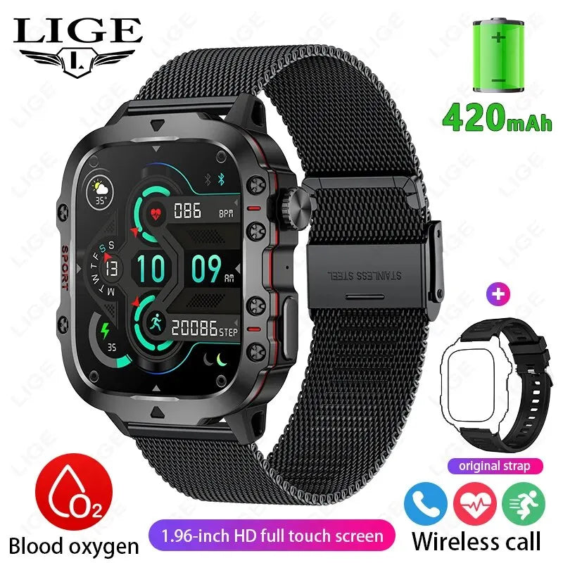 LIGE New Smart Watch 1.96 Inch Screen 420 MAh Bluetooth Call Voice Assistant Watch Sports Fitness Waterproof Smartwatch For Men