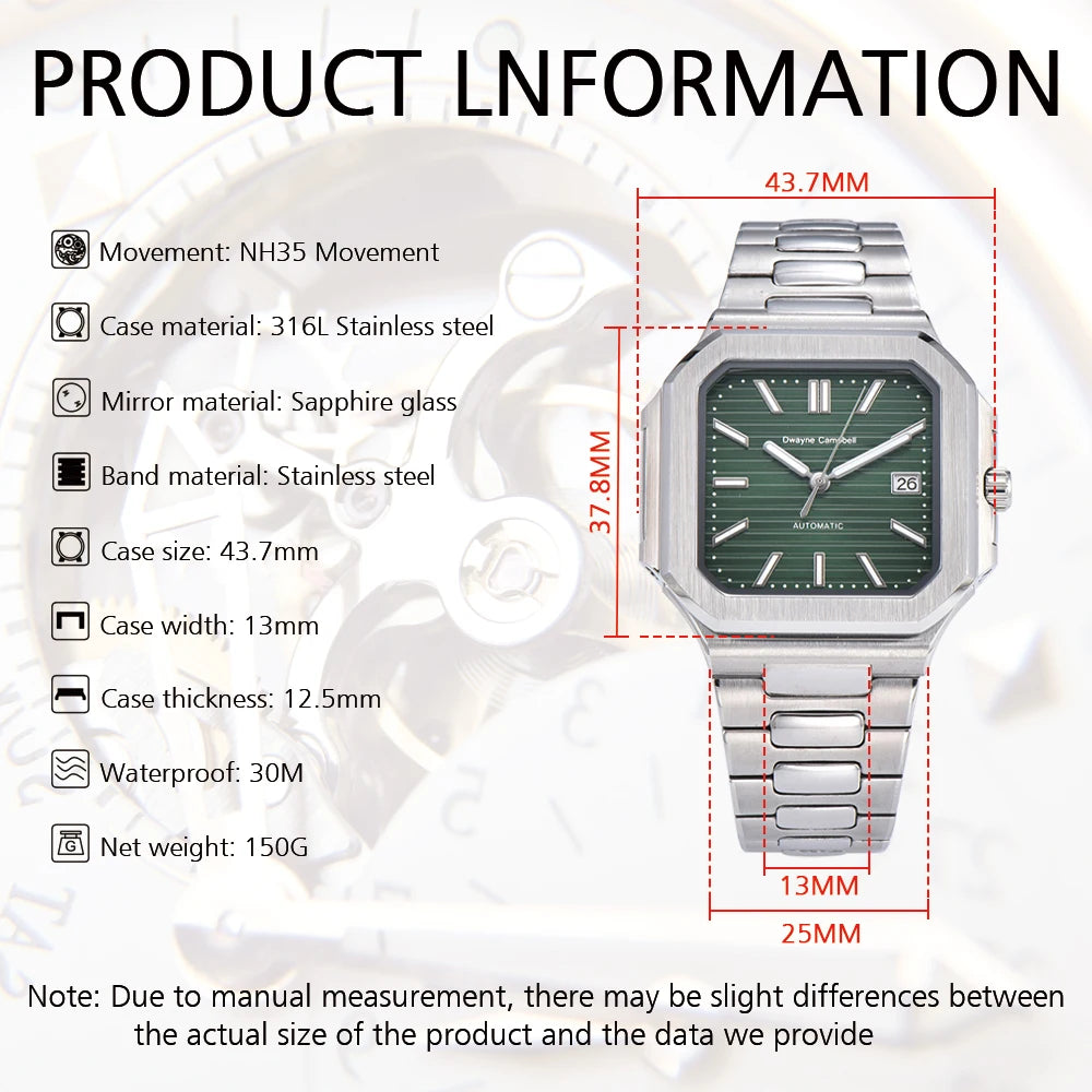 Watches For Man 2025 New Automatic Watch Sapphire Glass Steel Square Case Luminous Waterproof Wristwatch