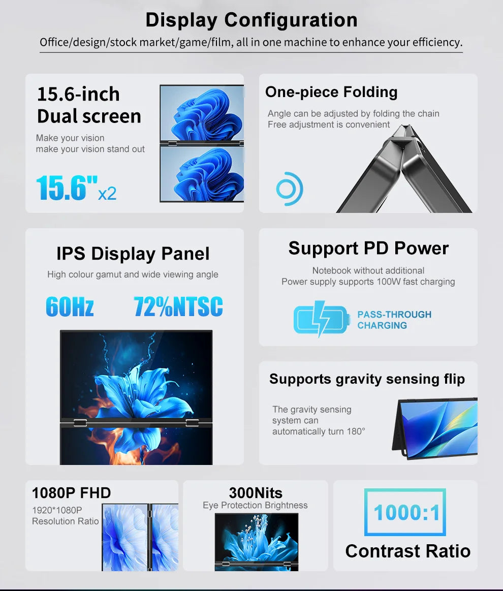 ZEUSLAP 15.6" Stacked Foldable Dual Monitor FHD 100% sRGB Laptop Screen Extender Portable Monitor for Windows Mac OS