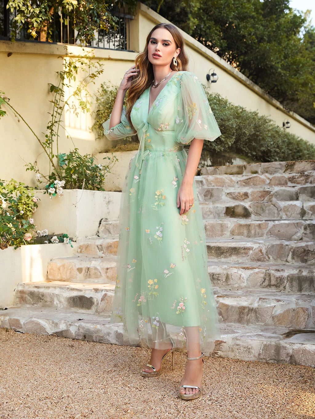 BABYONLINE Prom Dresses Jungle Fairy Ball Party Puffy Sleeve Lace Embroidery Tulle Formal Evening Gown Elegant Tea Lengt Robe