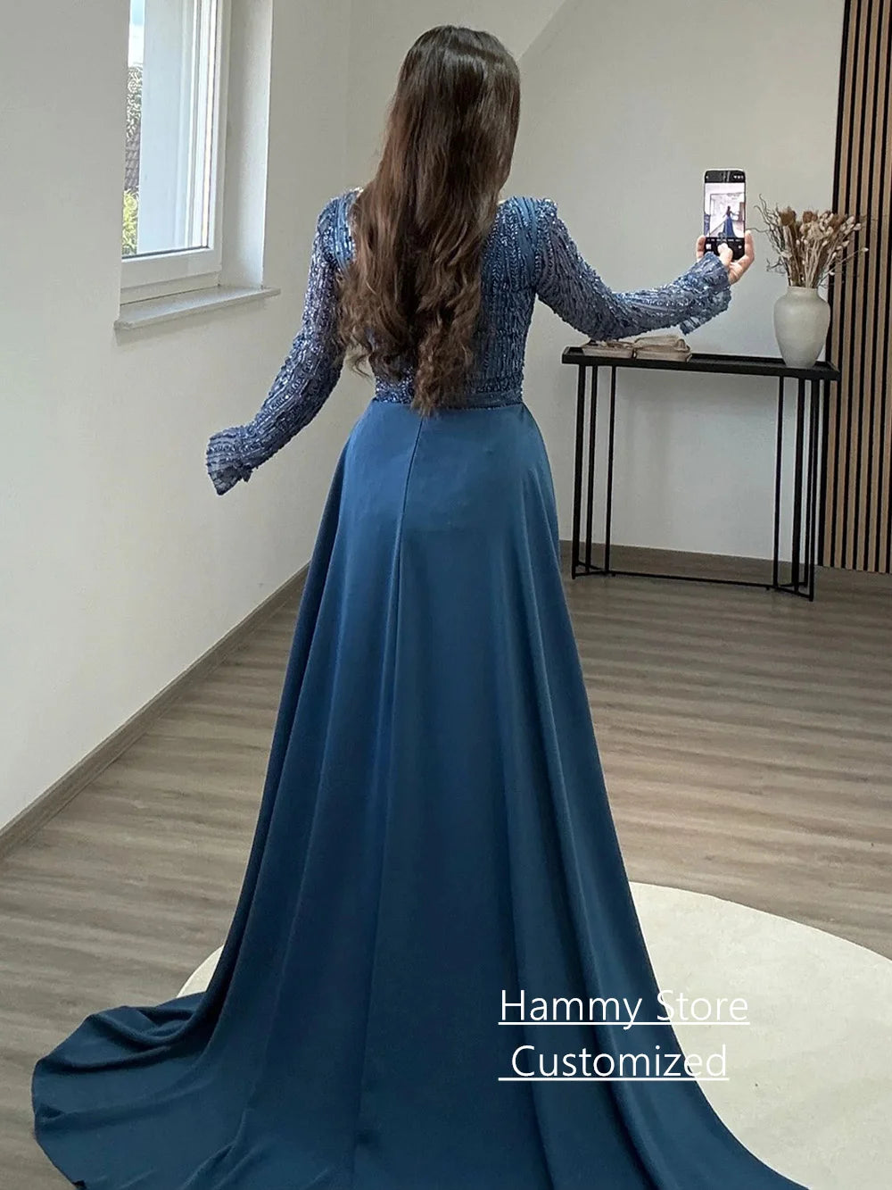 Prom Dress with Detachable Train Customized Scoop Neck Full Sleeves Beading Sparkling Lace Evening Dresses Party Gowns