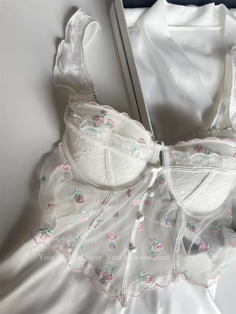 Women Home Clothes Sleeping Nightdress White Nightgown Silk Satin Lingerie Embroider Flower Chemise Lingerie Summer Robe Suit